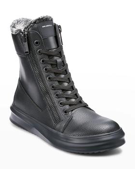 推荐Men's Grained Leather Faux Fur-Lined Combat Boots商品