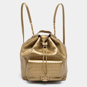 香奈儿包双肩包, [二手商品] Chanel | Chanel Gold Croc Embossed Leather Drawstring Backpack商品图片 9.2折