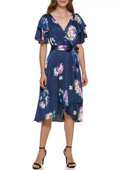 Crossover Culture, DKNY | Women's Crossover V-Neck Flutter Sleeve Floral Printed Chiffon Dress商品图片 6折