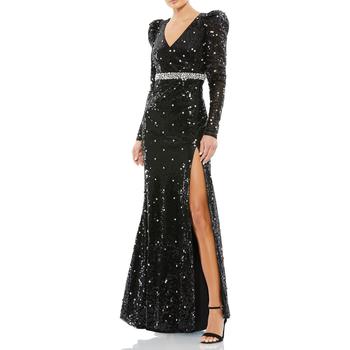 Mac Duggal | Mac Duggal Women's Sequined Puff Sleeve V-Neck High Slit Gown商品图片,4.8折×额外9折, 独家减免邮费, 额外九折