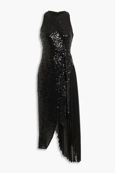 Badgley Mischka | Asymmetric crepe de chine-paneled sequined tulle midi dress 6折×额外8折x额外9.5折, 额外八折, 额外九五折