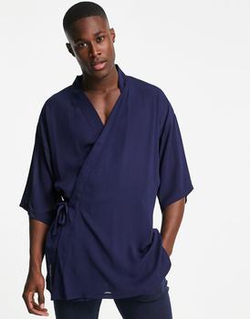 ASOS | ASOS DESIGN co-ord short lightweight dressing gown with tie side in navy商品图片,5.5折×额外8折x额外9.5折, 独家减免邮费, 额外八折, 额外九五折