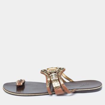 推荐Giuseppe Zanotti Brown Leather Embellished Flat Sandals Size 39商品