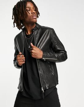 推荐AllSaints Cora slim fit zip through leather jacket in black商品