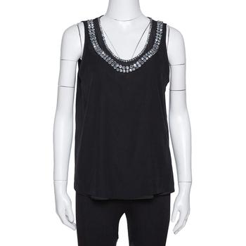 推荐Diane Von Furstenberg Black Crystal Embellished Silk Ade Top S商品