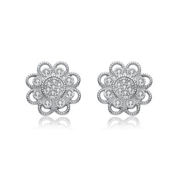 商品Sterling Silver Cubic Zirconia White Gold Plated  Round Lace Design Earrings图片