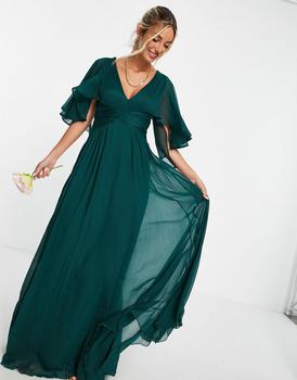 推荐ASOS DESIGN Bridesmaid ruched bodice drape maxi dress with wrap waist and flutter cape sleeve in forest green商品