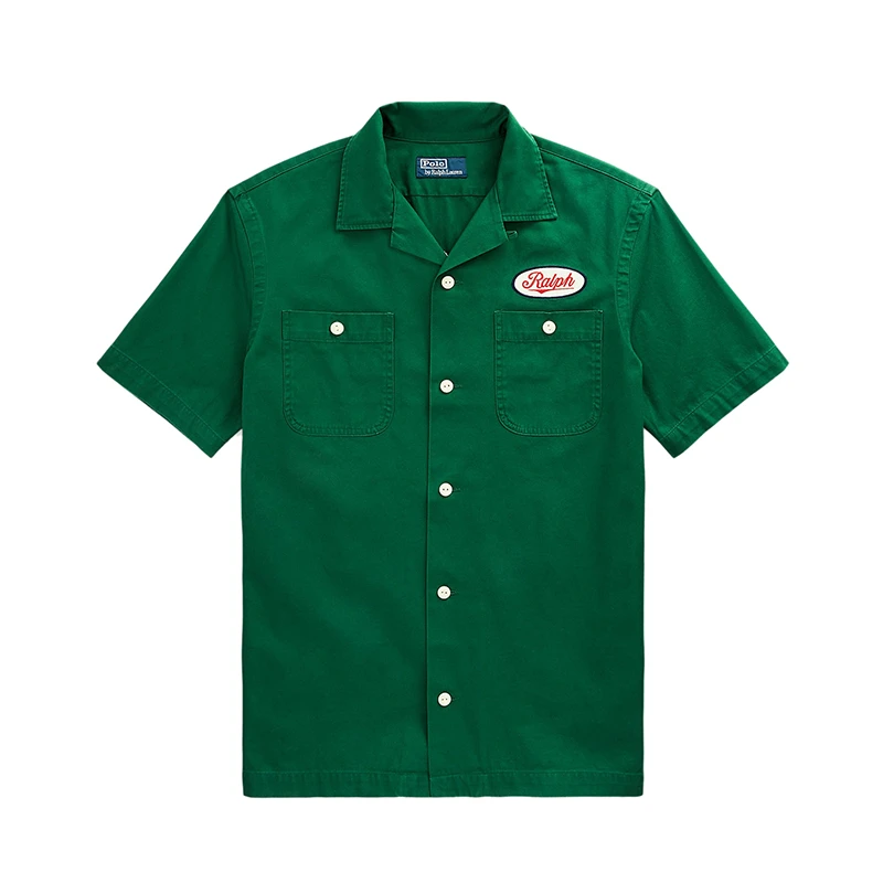 推荐拉夫劳伦 男女同款绿色纯棉饰有贴片LOGO图案尖领短袖衬衫商品