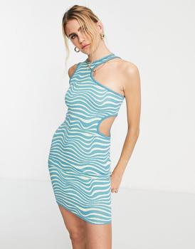 River Island | River Island warped stripe cut out mini dress in blue商品图片,4.8折