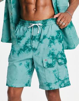 Tommy Jeans exclusive collegiate capsule tie dye twill cargo shorts in green product img