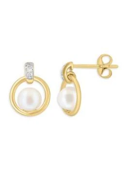 Effy | 14K Yellow Gold, 5mm Freshwater Pearl & Diamond Drop Earrings 3折×额外9折, 独家减免邮费, 额外九折