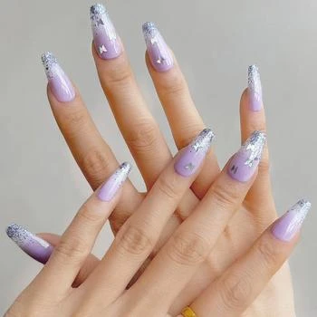 MODELONES | Purple Butterfly - 24 Fake Nails 12 Sizes Short Almond Press on Nails Kit,商家MODELONES,价格¥57