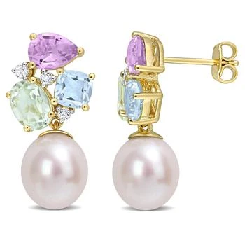 Mimi & Max | 9-9.5 MM Freshwater Cultured Pearl and 4 3/4 CT TGW Multi-Color Gemstone Drop Earrings in Yellow Plated Sterling Silver 4.5折, 独家减免邮费