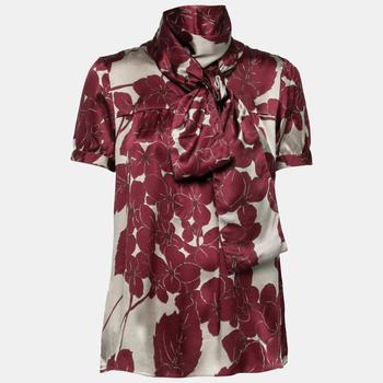 推荐Etro Burgundy Floral Printed Silk Scarf Detail Top M商品