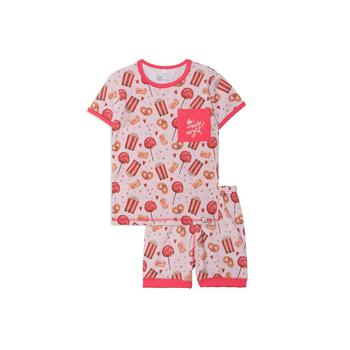 商品Girl Organic Cotton Two Piece Short Pajama Set Light Pink Popcorn & Lollipop Print - Child图片