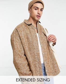 ASOS | ASOS DESIGN extreme oversized wool mix shirt in brown herringbone商品图片,6.8折