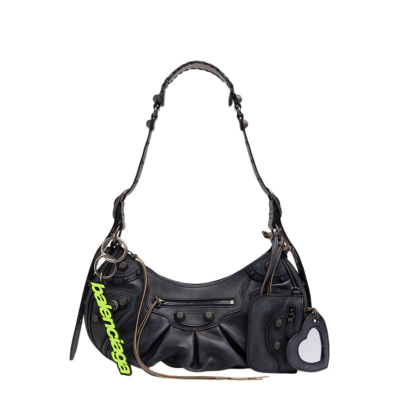 Balenciaga | 【预售3-7天】Balenciaga/巴黎世家 22春夏新款LE CAGOLE系列 女士小号蓝黑色牛皮革绿色钥匙环心形镜子吊坠零钱包中古单肩腋下包 6713072VP454611商品图片,7.9折×额外9.5折, 包邮包税, 额外九五折