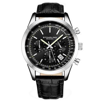 推荐Men's Quartz Chronograph Date Black Alligator Embossed Genuine Leather Strap Watch 44mm商品