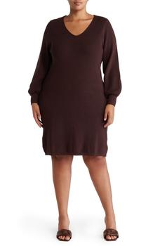 Nina Leonard | V-Neck Balloon Sleeve Sweater Dress商品图片,5.9折