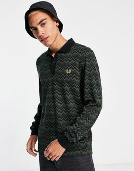 Fred Perry | Fred Perry jacquard stripe long sleeve polo shirt in green商品图片,