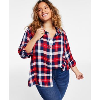 Plus Size Roll-Tab Plaid Shirt, Created for Macy's,价格$41.70