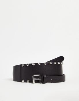 推荐AllSaints wrap waist leather belt with studs in black商品