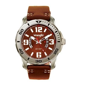 Wrangler | Men's Watch, 48MM Silver Colored Case with Black Printed Arabic Numerals on Outer Steel Bezel, Brown Dial with Dual Crescent Windows, Date Window , Brown Strap with White Accent Stitch Analog 