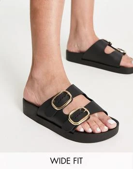 推荐London Rebel Wide Fit double buckle footbed sandals in black商品