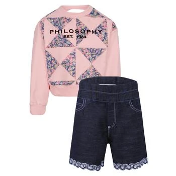 推荐Floral triangle sweatshirt and eyelet lace detailing shorts set in pink and dark blue商品