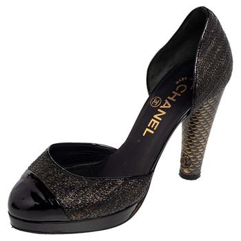 美国香奈儿鞋, [二手商品] Chanel | Chanel Black/Gold Python Effect Leather Cap Toe D'orsay Pumps Size 36商品图片 5.8折, 满1件减$100, 满减