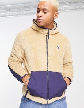 推荐Polo Ralph Lauren icon logo curly borg colourblock full zip hoodie in sand/navy商品