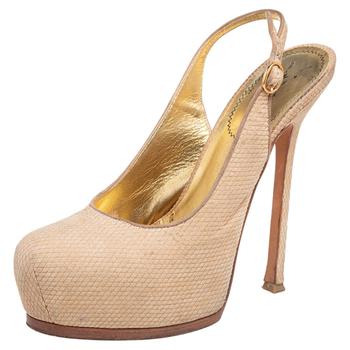 ysl高跟鞋评价, [二手商品] Yves Saint Laurent | Yves Saint Laurent Cream Snakeskin Embossed Suede Tribtoo Slingback Pumps Size 39商品图片 3折