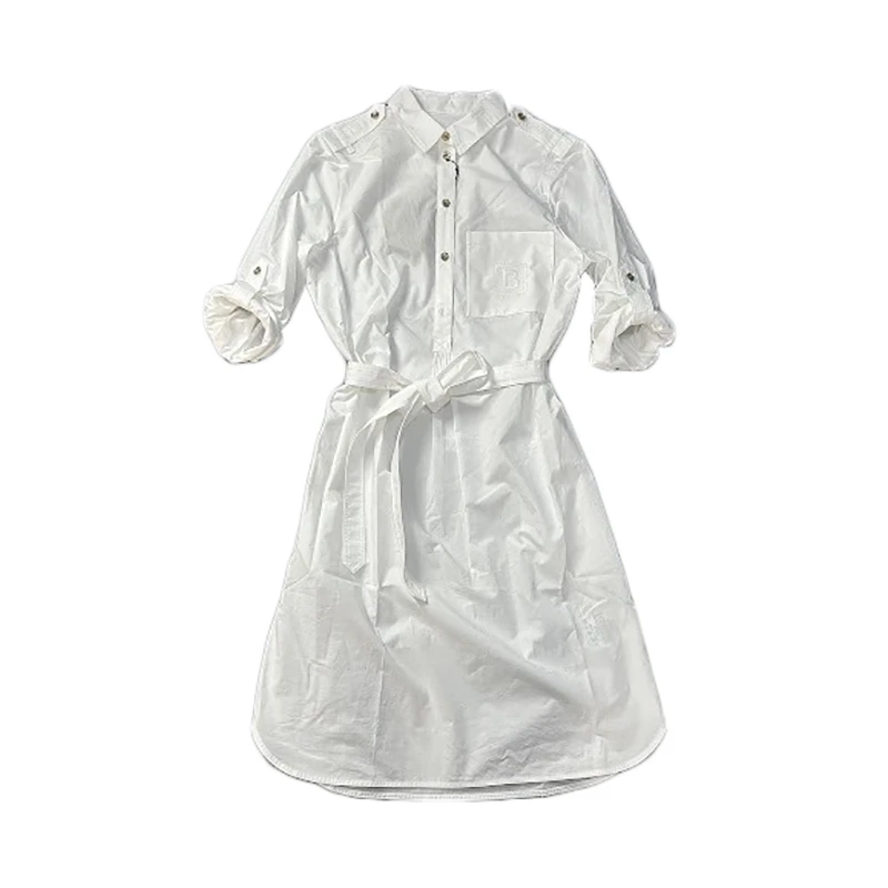 Burberry | 【现货】博柏利 女士白色纯棉系带B字刺绣衬衫式连衣裙80803721 8折, 限时价, 包邮包税, 限时价
