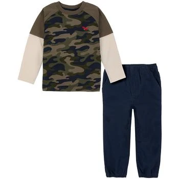 KIDS HEADQUARTERS | Little Boys Twofer Camo-Heather Long Sleeve Slub Crew T-shirt and Twill Joggers, 2 Piece Set 4折