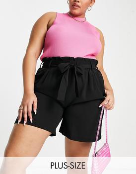 推荐Pieces Curve tailored high waisted paperbag shorts in black商品