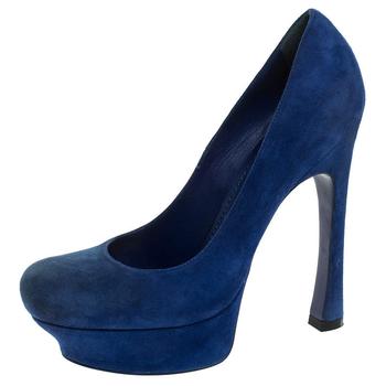 ysl高跟鞋怎么样, [二手商品] Yves Saint Laurent | Saint Laurent Paris Blue Suede Palais Platform Pumps Size 38.5商品图片 2.2折