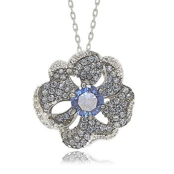 推荐Suzy Levian Sterling Silver Sapphire and Diamond Accent Whimsical Flower Pendant Necklace商品