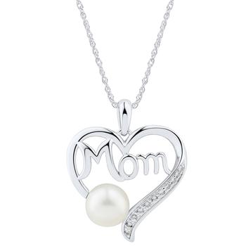 商品Cultured Freshwater Pearl (8mm) & White Topaz (1/6 ct. t.w.) Mom Heart Pendant Necklace in Sterling Silver, 16" + 2" extender图片