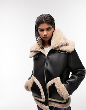 Topshop | Topshop faux shearling oversized aviator jacket with double collar detail in black商品图片,8折