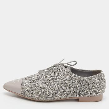 香奈儿鞋, [二手商品] Chanel | Chanel Multicolor Tweed And Leather CC Cap Toe Lace Up Derby Size 37.5商品图片 7.4折