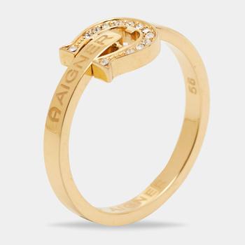 商品Aigner Gold Tone Crystal Embellished Logo Band Ring Size EU 56图片