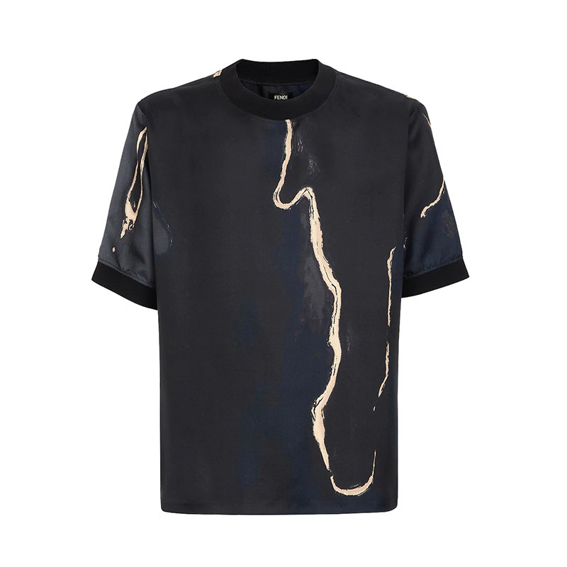 Fendi | 【预售3-7天】FENDI/芬迪 22年早春 男士黑色真丝抽象Earth图案短袖宽松T恤FY1021AI8FF1AJR商品图片,包邮包税