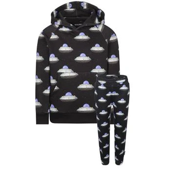 推荐All over ufo print hoodie with kangaroo pockets and sweatpants set in black商品