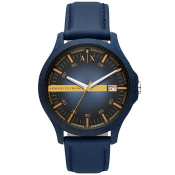Armani Exchange | Men's Three-Hand Date Blue Leather Strap Watch, 46mm商品图片,