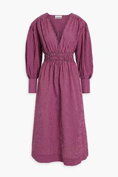 商品Ganni | Shirred gingham seersucker midi dress,商家THE OUTNET US,价格¥1110图片