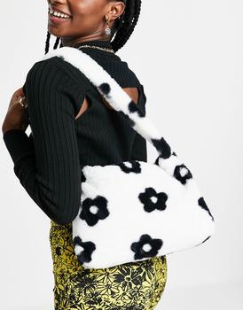 asos腋下包, ASOS | ASOS DESIGN 90s shoulder bag with faux fur floral print in white商品图片 8.2折