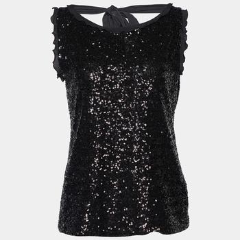 推荐Moschino Cheap and Chic Black Sequined Ruffle Trim Tie Detail Sleeveless Top M商品