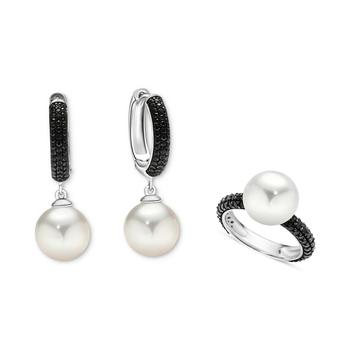 商品2-Pc. Set Cultured Freshwater Pearl (10mm) & Black Spinel (1/2 ct. t.w.) Ring, & Dangle Hoop Earrings in Sterling Silver图片