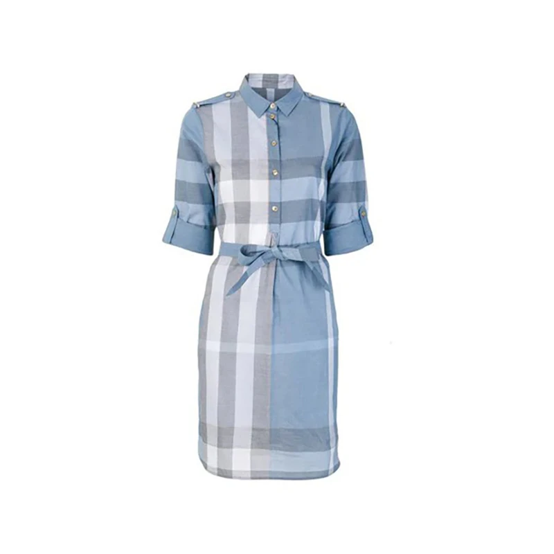Burberry | 博柏利 Kelsy系列 女士蓝色帆布经典格纹连衣裙80277091 7.6折