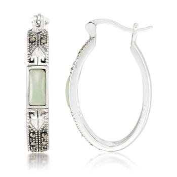商品Jade (7.5 x 5.3mm) & Marcasite Oval Hoop Earrings in Sterling Silver图片